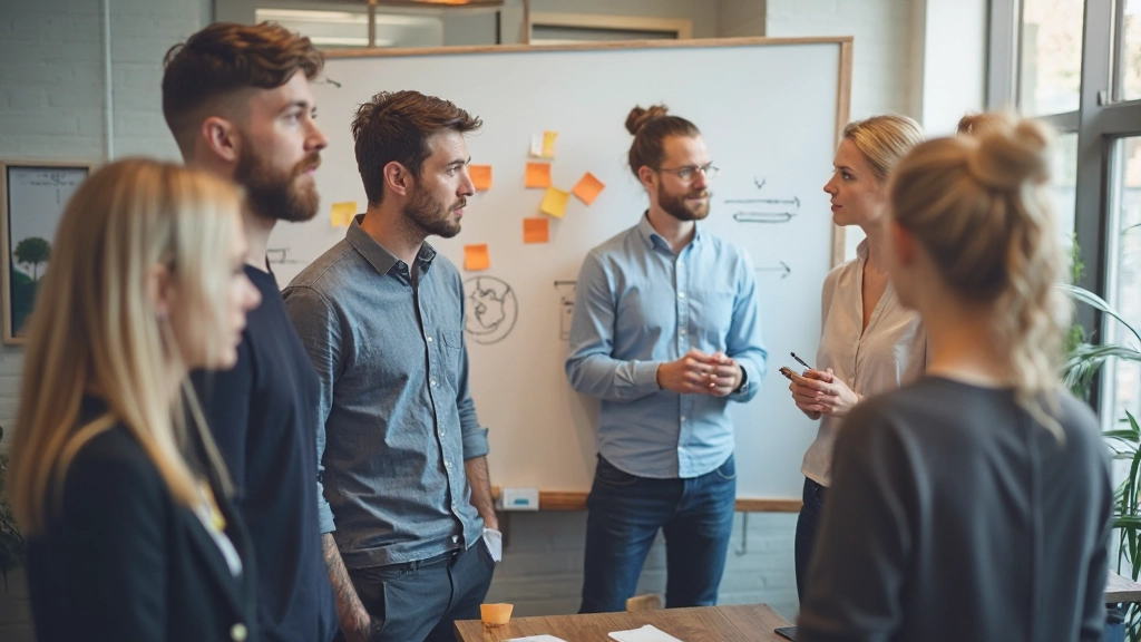 Design thinking workshop sessie met teamleden die brainstormen aan whiteboard