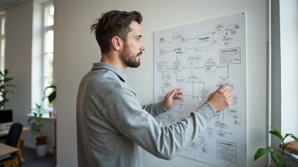 Designer analyseert gebruikersflow diagram met stickers en notities op muur