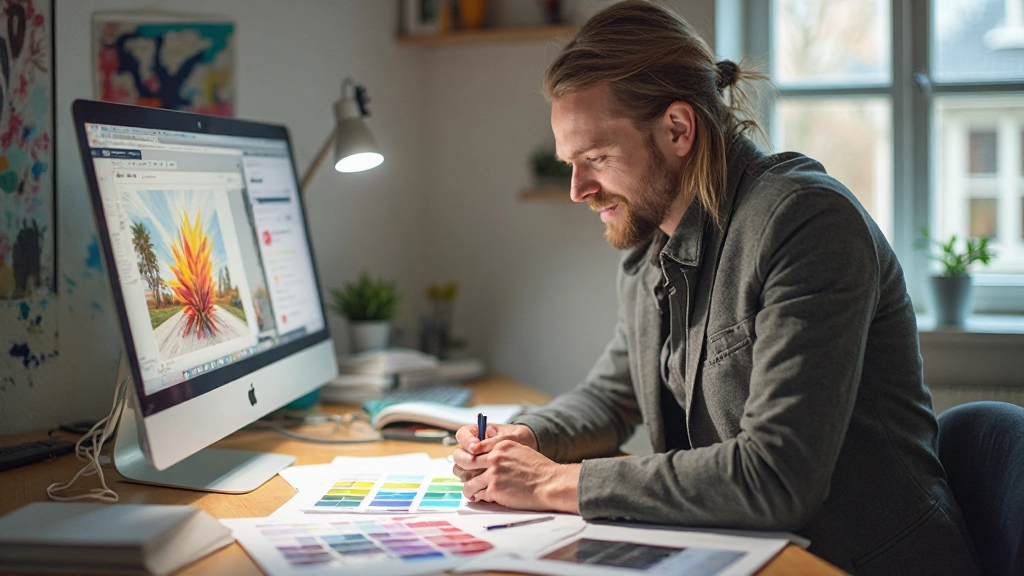 Professioneel grafisch ontwerp met kleurenpalet en typografie voorbeelden in moderne werkruimte