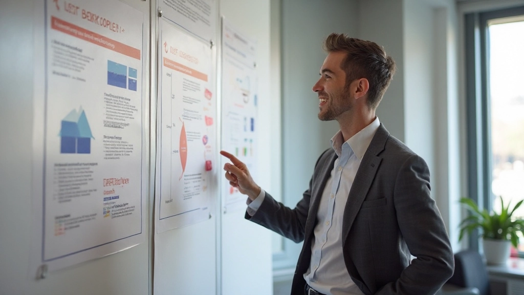 Visueel diagram met vijf connecterende elementen, onderzoek, empathie, iteratie, inclusiviteit en meetbaarheid, op moderne workspace muur weergegeven