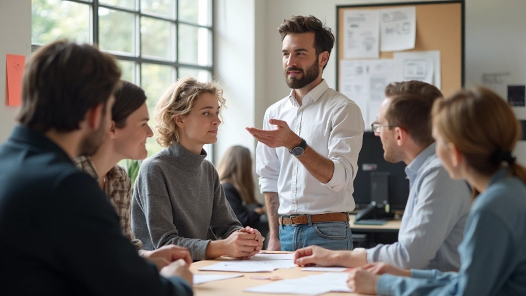 Team in discussie over designaanpassingen gebaseerd op gebruikerstestfeedback, bureau vol post-its en schetsen