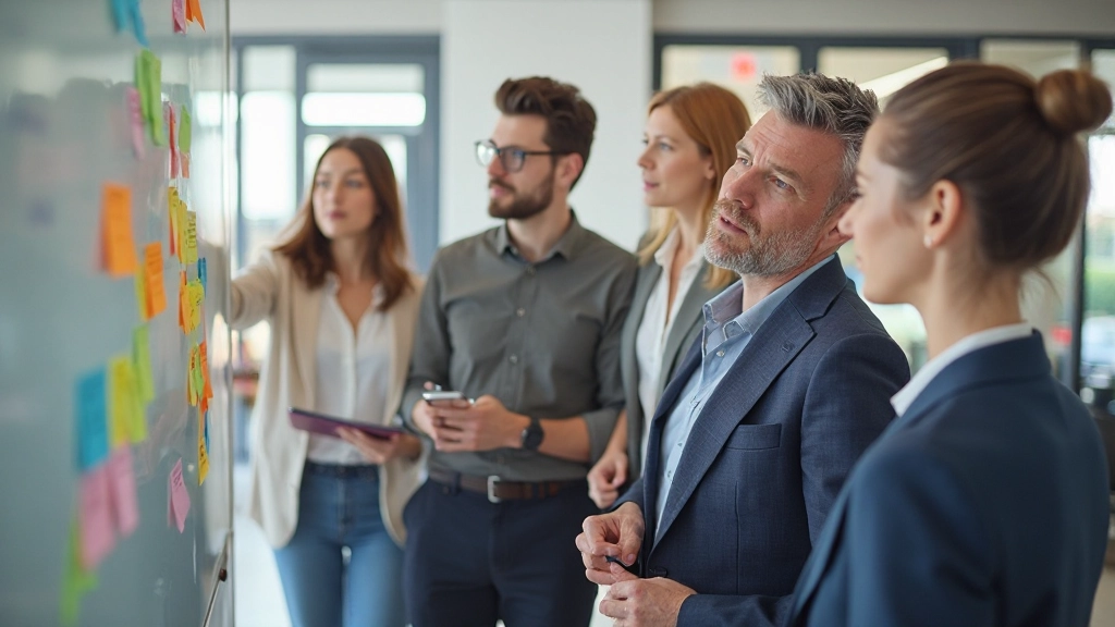 Design thinking workshop met diverse team die aan whiteboard werkt