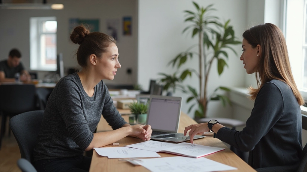 Designer voert gebruikersonderzoek uit, zittend aan bureau met aantekeningen en research board, focusgroep setup, professionele werkomgeving