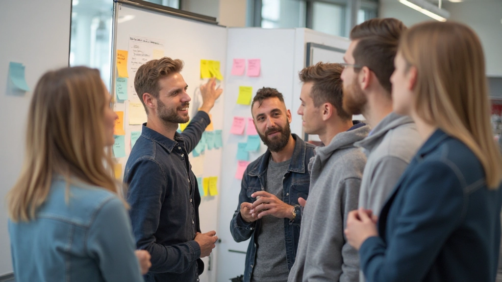 Teamleden brainstormen creatieve ideeën met kleurrijke post-its op whiteboard