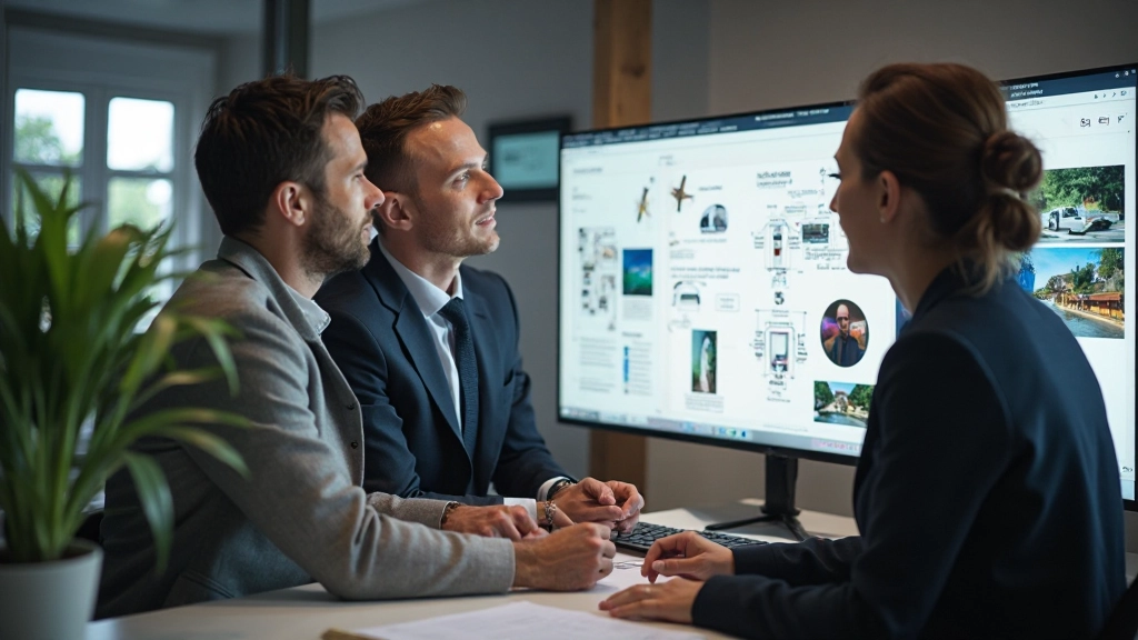 Team van webdesigners en developers werken samen aan interactieve prototype op groot scherm met notities